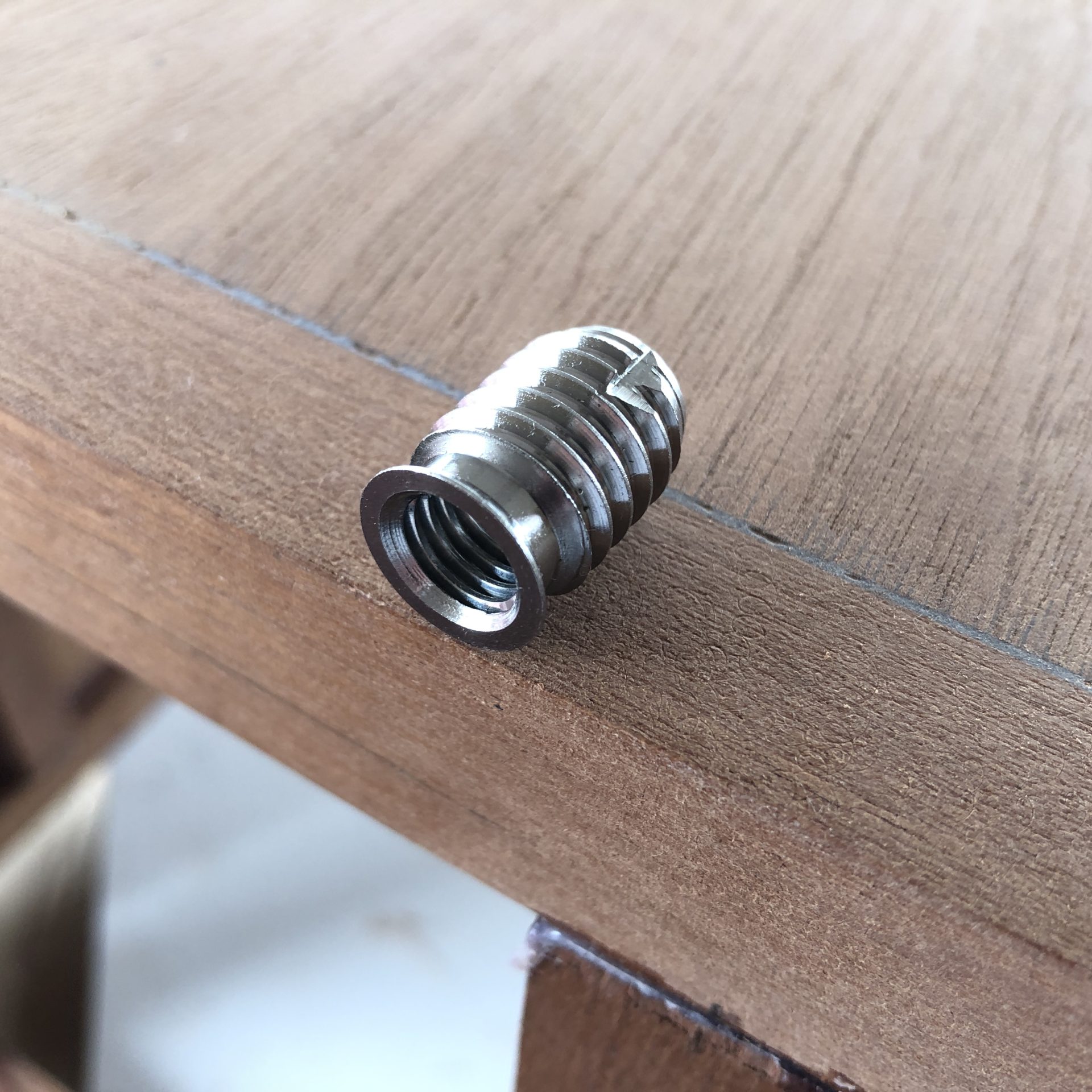 Stainless steel M10 threaded inserts for wood to attach seat box to plinth