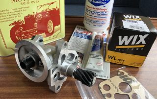 SAE30 Singlegrade motor oil, Lucas heavy duty oil stabiliser, new spin-on oil pump and filter assembly, oil pump gasket, spin-on oil filter and gasket sealant just to be sure.