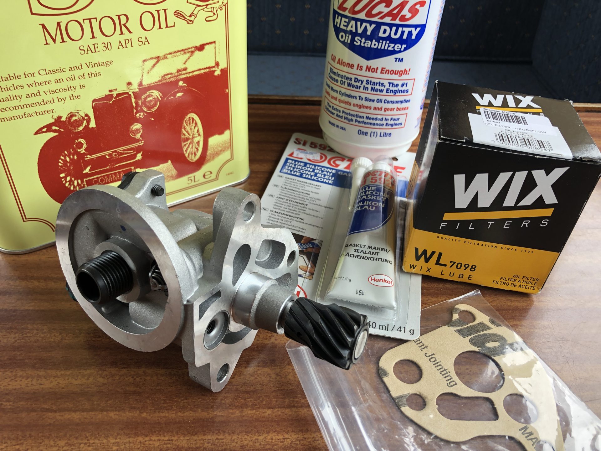 SAE30 Singlegrade motor oil, Lucas heavy duty oil stabiliser, new spin-on oil pump and filter assembly, oil pump gasket, spin-on oil filter and gasket sealant just to be sure.