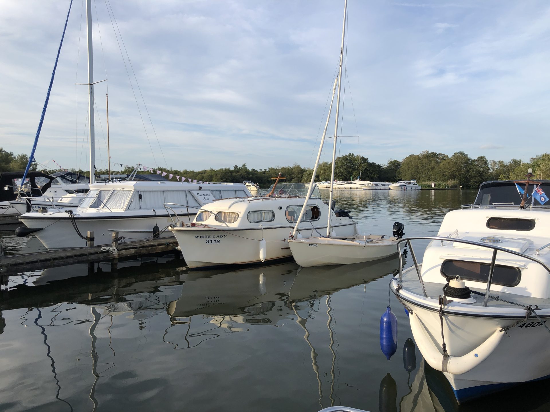 White Lady with our Wanderer dinghy moored alongside on the Horning to Thurne Downriver Race day.