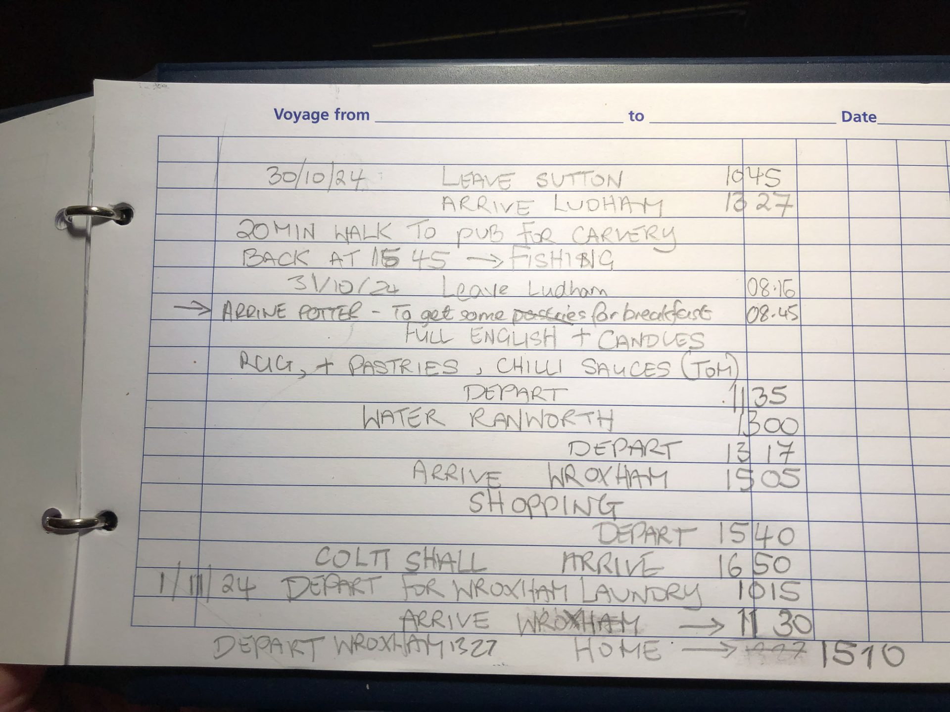 Our logbook for the trip, page 2